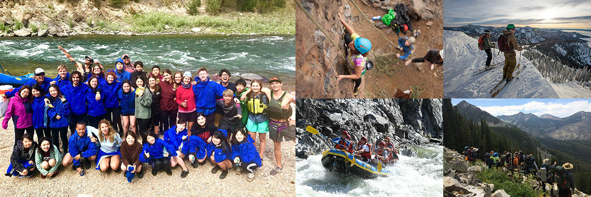 Students Learning Outdoors. Hiking, Rafting, Climbing, and Skiing